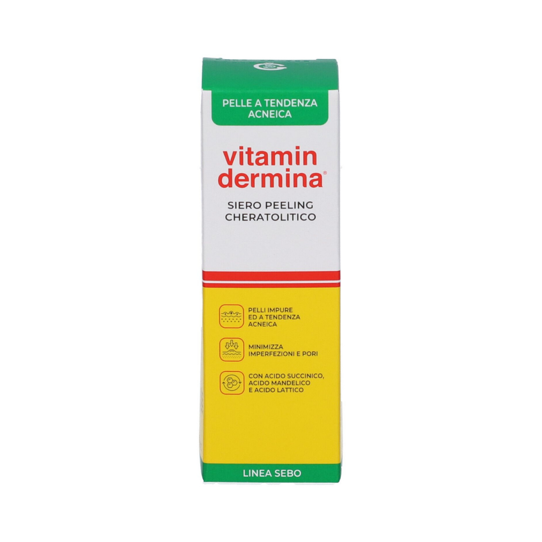 Vitamin Dermina keratolytic peeling serum, 30ml, white carton with green, yellow, and red panels.