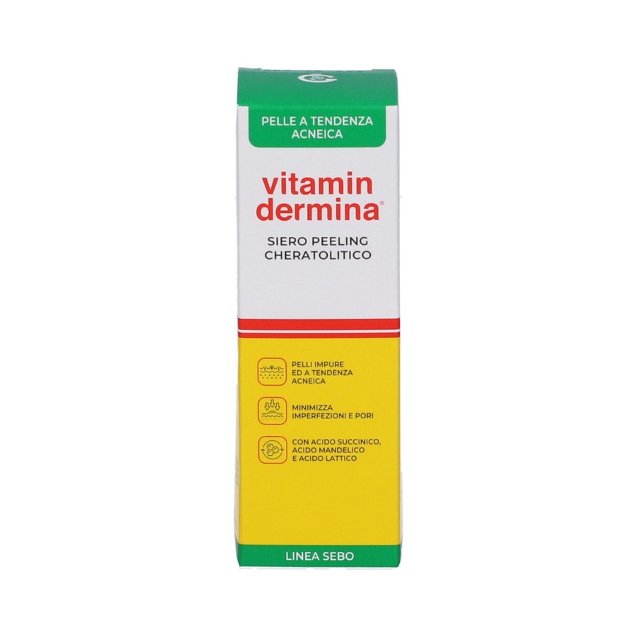 Vitamin Dermina keratolytic peeling serum, 30ml, white carton with green, yellow, and red panels.