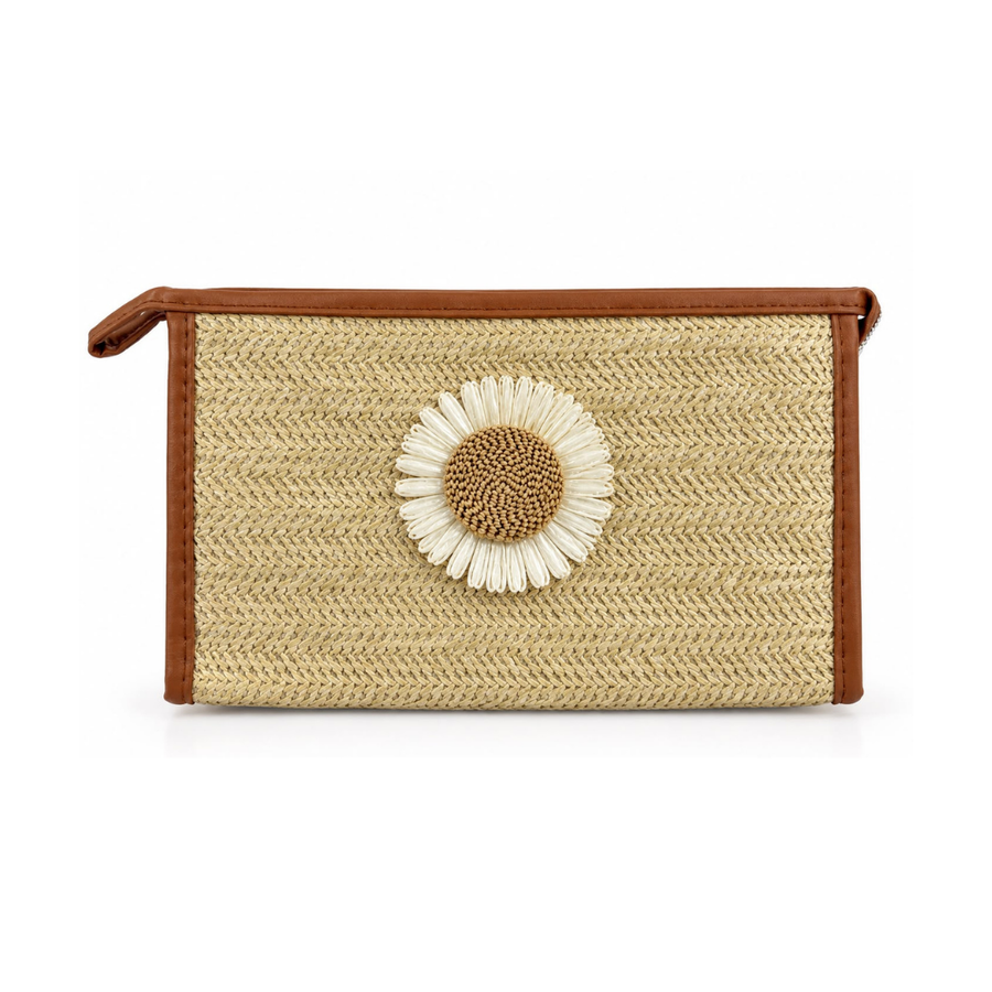 WASHBAG cosmetic organizer bag with woven design, brown trim, zipper closure, and floral detail pattern
