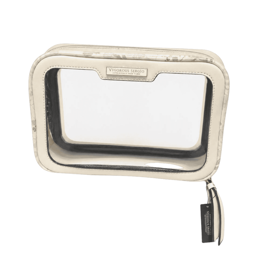 Vigorous Sergio off white rectangular transparent washbag with patterned trim zipper closure and hanging tag