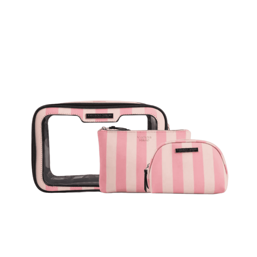 Vigorous Sergio pink striped makeup bag set with transparent case and two zippered pouches.