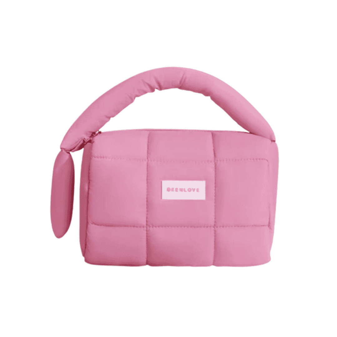 Pink quilted cosmetic bag with top handle and zipper, small makeup organizer pouch