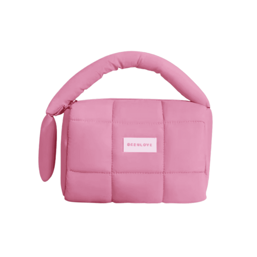 Pink quilted cosmetic bag with top handle and zipper, small makeup organizer pouch
