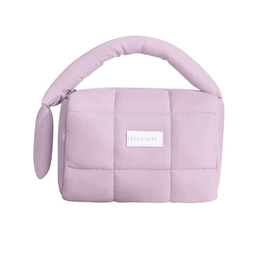 Purple quilted fabric washbag with handle and zipper padded cosmetic pouch checkered design