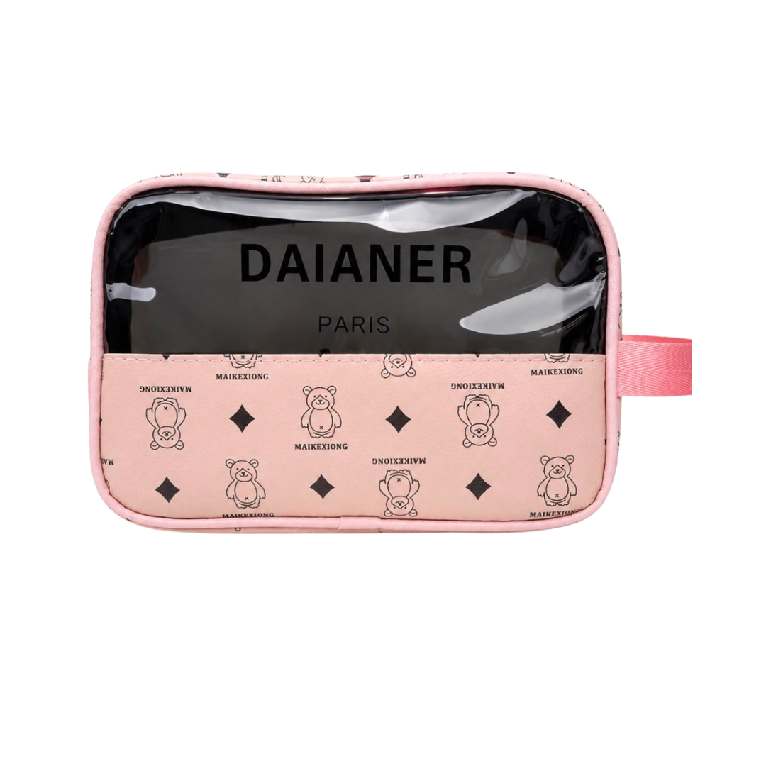 WASHBAG rectangular makeup bag, pink bear-print design with clear front panel, black trim and side handle.