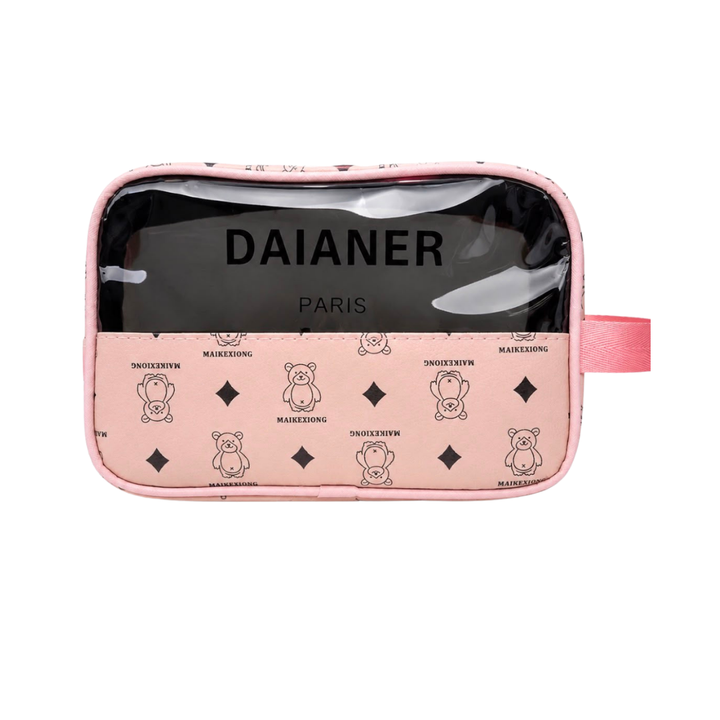 WASHBAG rectangular makeup bag, pink bear-print design with clear front panel, black trim and side handle.