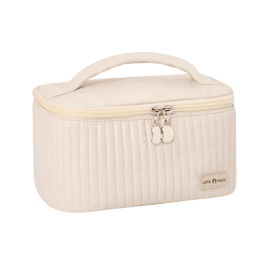 White cosmetic bag with quilted design, top handle, double zipper closure, rectangular shape, medium size storage pouch