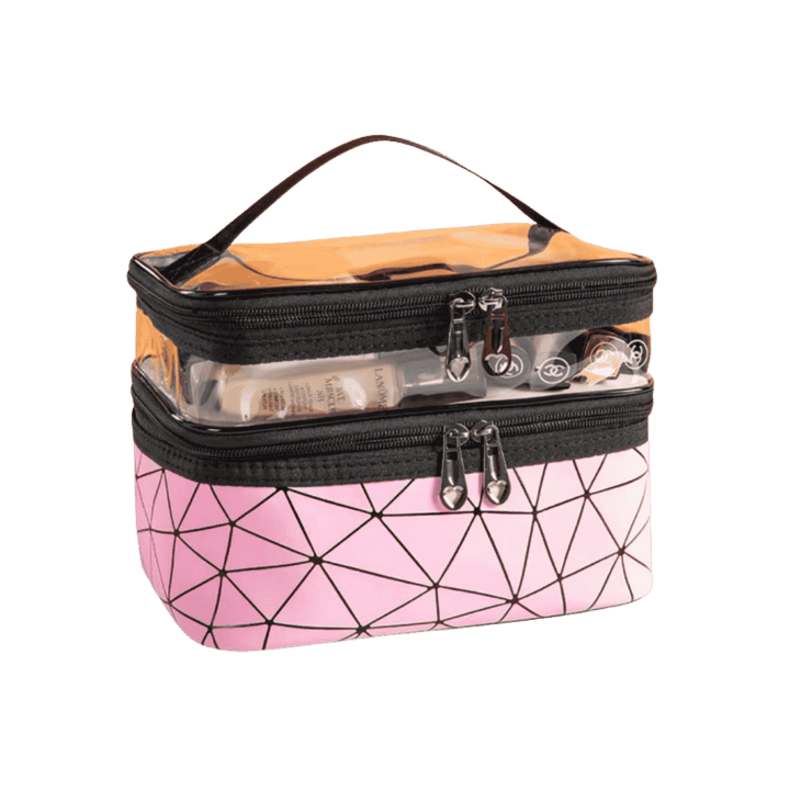 Two-layer cosmetic storage bag with transparent upper compartment, pink geometric lower section, black zippers, and carry handle.