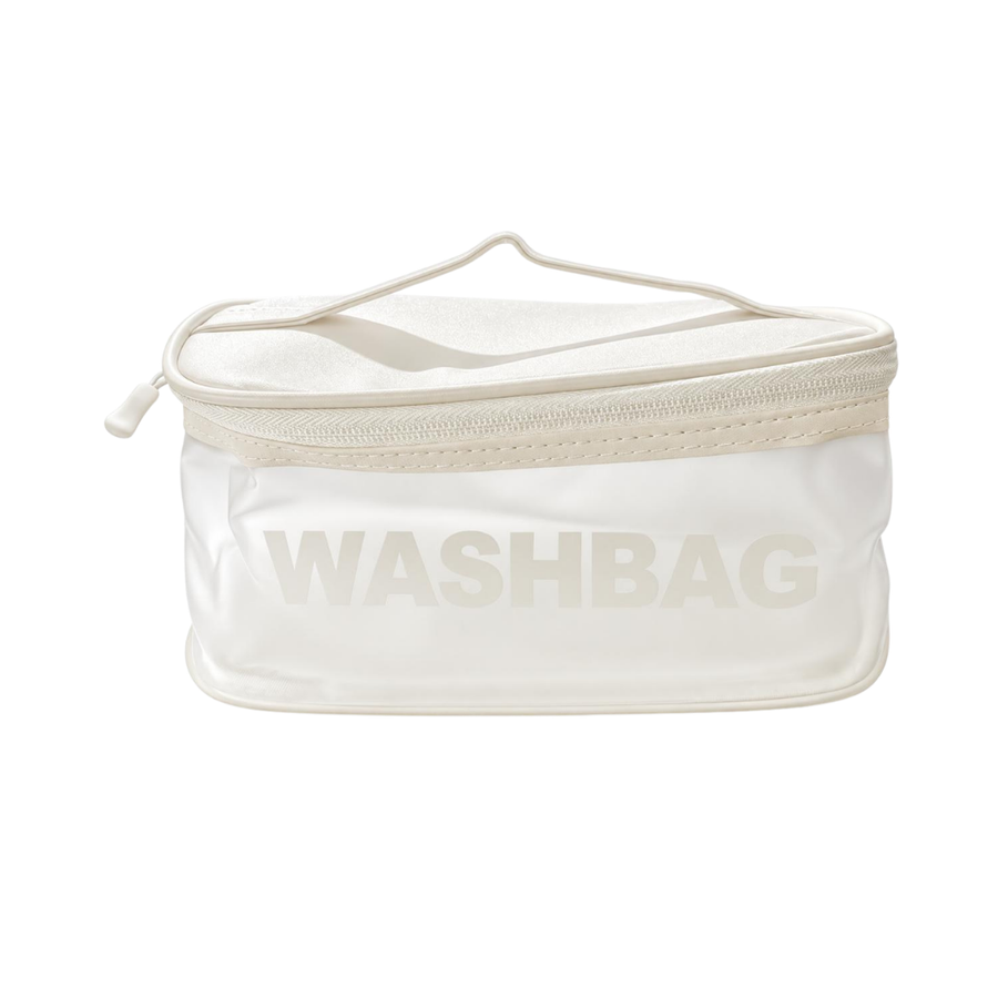 White square-shaped wash bag with translucent body, zip closure, top handle, and WASHBAG lettering.
