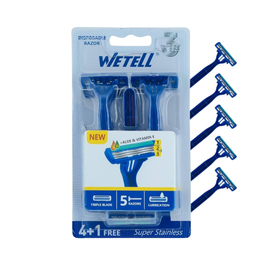 Wetell disposable razor five-pack in blue blister packaging with aloe, vitamin E, and triple blades