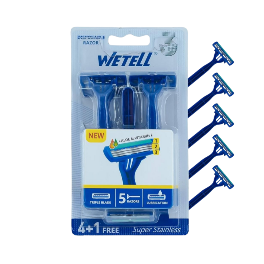 Wetell disposable razor five-pack in blue blister packaging with aloe, vitamin E, and triple blades