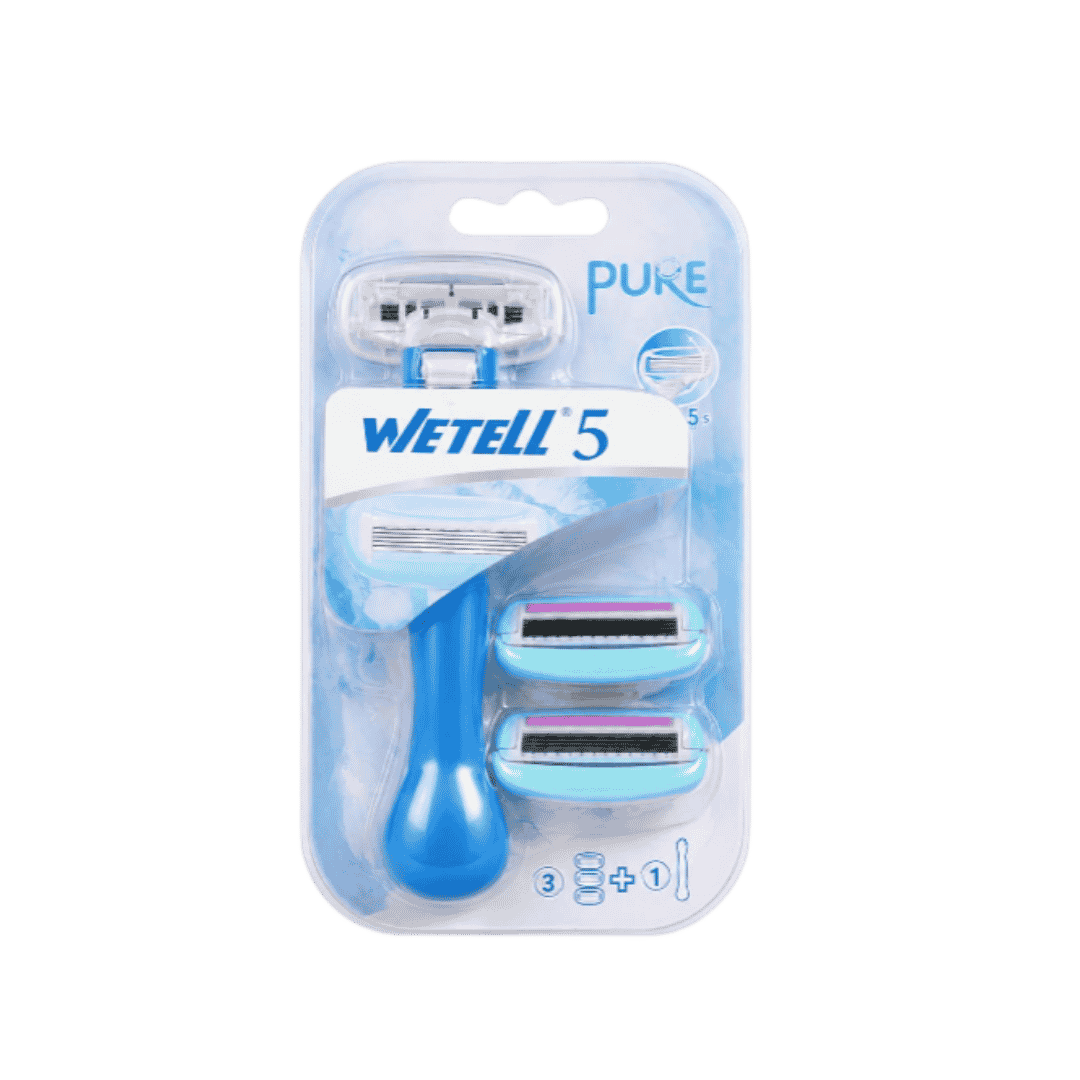 Wetell 5 Pure five-blade razor set with blue handle and three replacement cartridges in clear blister packaging.
