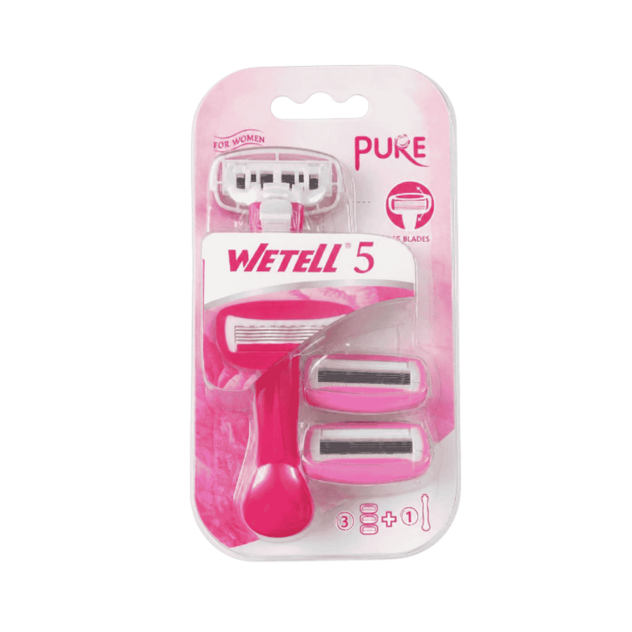 WETELL Pure women’s razor with five-blade cartridges, pink handle, three replacement heads in blister packaging.