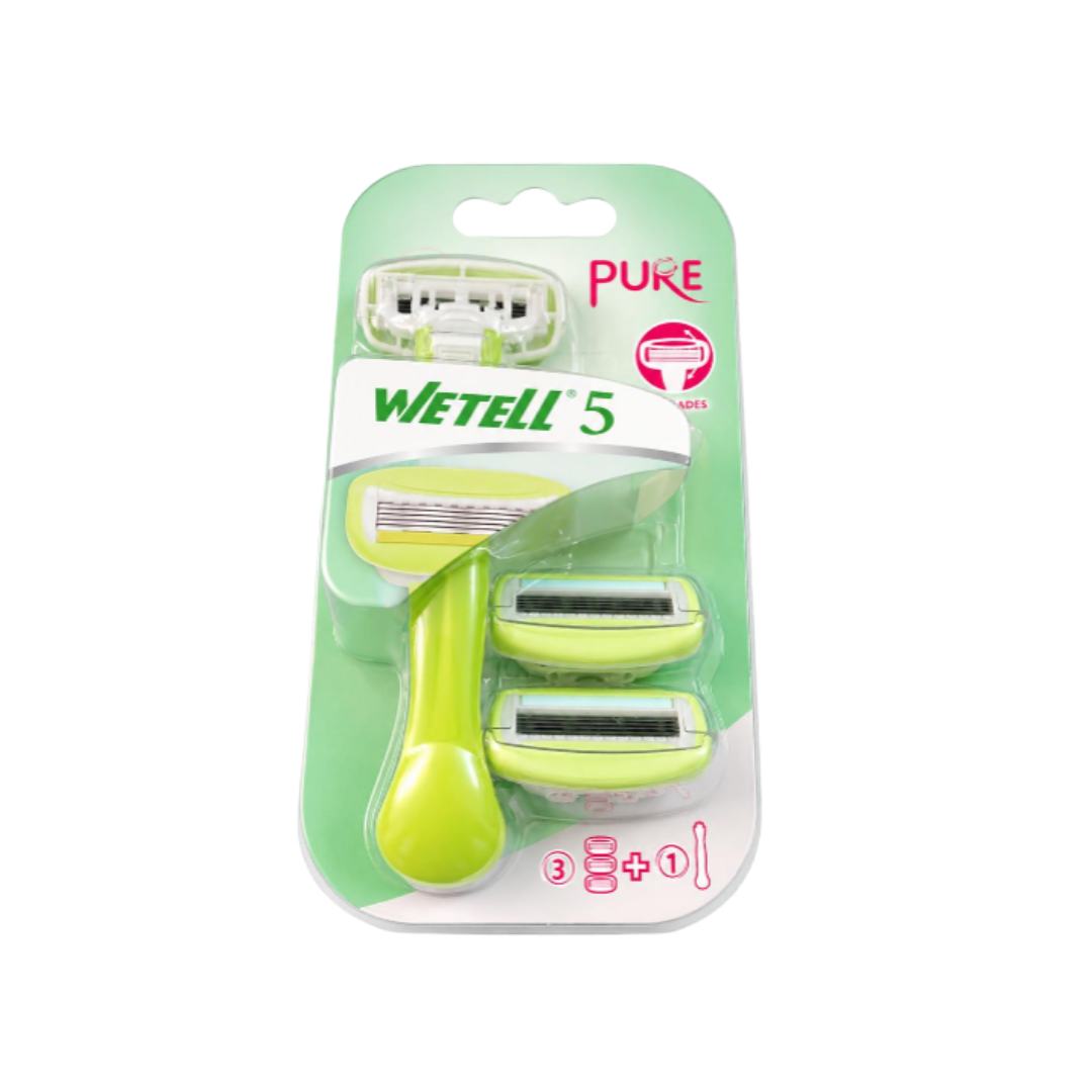 Wetell 5 Pure green razor set with three replacement heads and lime handle in blister packaging