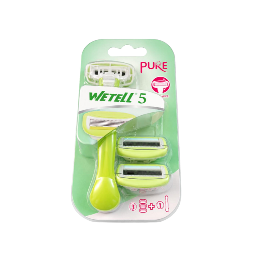Wetell 5 Pure green razor set with three replacement heads and lime handle in blister packaging