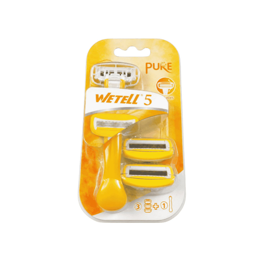 Wetell 5 Pure yellow razor set with three replacement heads and orange blister packaging