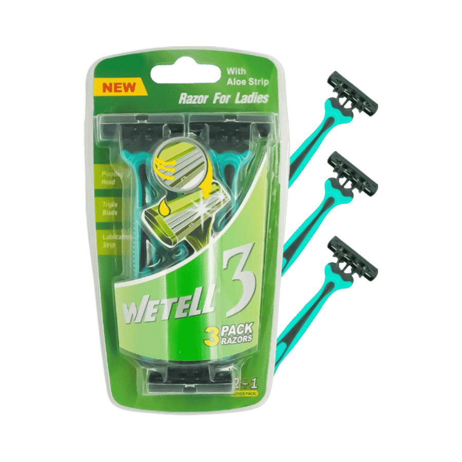 Wetell 3-pack ladies razors with aloe strip, triple blades, turquoise handles, green blister packaging