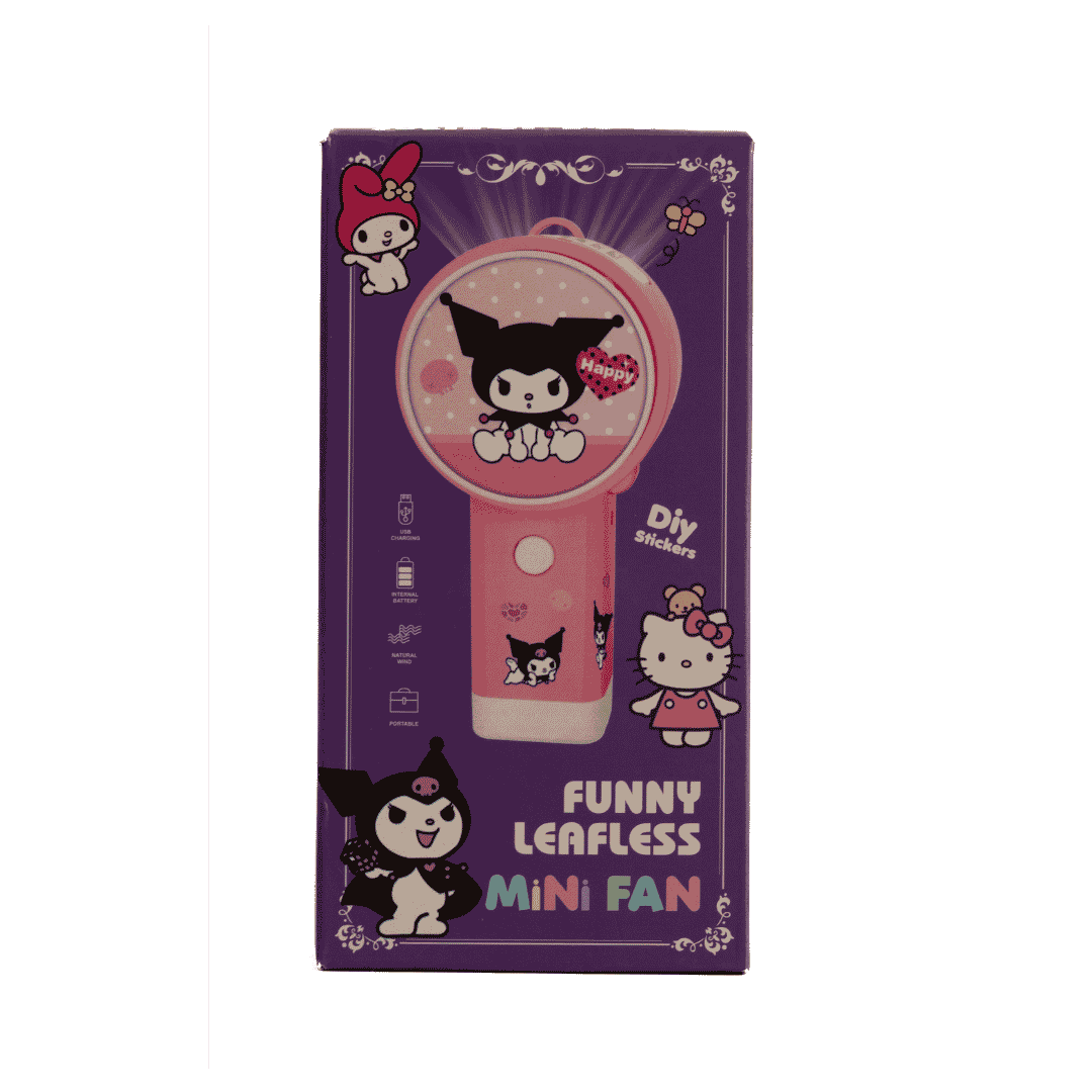 WONDER FAN Funny Leafless Mini Fan in purple cartoon-themed box with rechargeable portable fan illustration