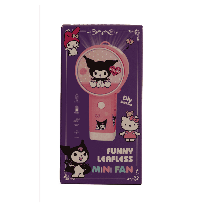 WONDER FAN Funny Leafless Mini Fan in purple cartoon-themed box with rechargeable portable fan illustration