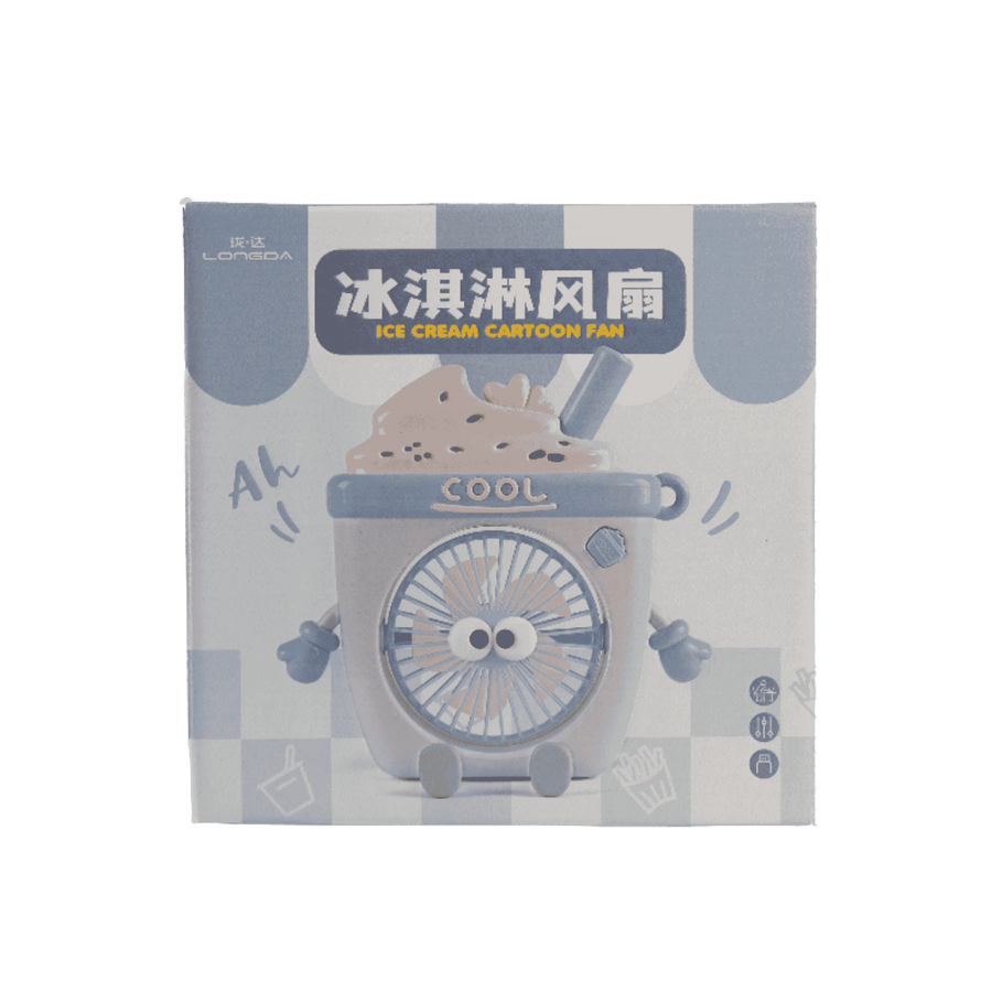 Ice Cream Cartoon Fan, blue and pink fan shaped like an ice cream cup with cute eyes, packaged in a blue box.
