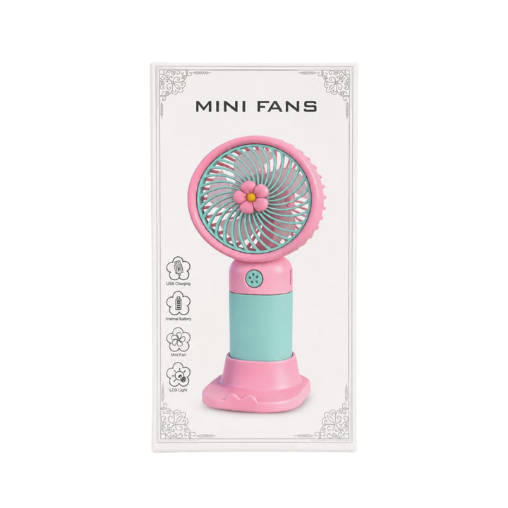 Wonder Fan Mini Fans pink and mint handheld fan with flower grille on white box