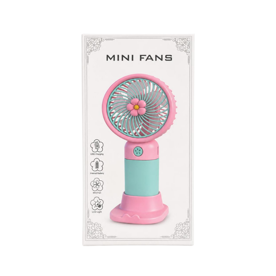 Wonder Fan Mini Fans pink and mint handheld fan with flower grille on white box