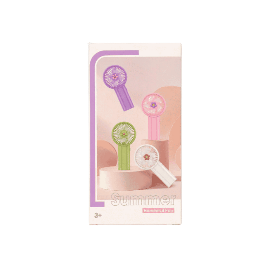Summer handheld fan box, pastel packaging showing purple, pink, green, and white mini fans, 3+.