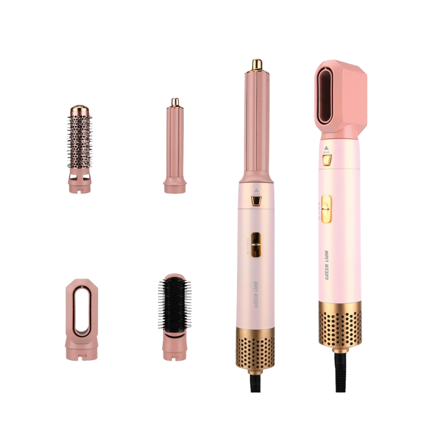 WONDER WOMAN DEVICES 5-in-1 hair styler, pink body, gold accents, five interchangeable styling attachments