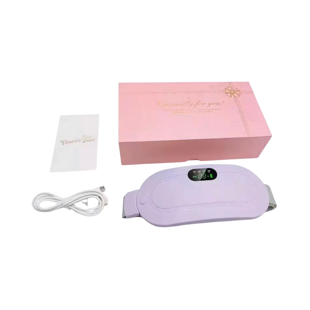 Purple rechargeable electric heating waist belt with digital display, USB cable, pink gift box packaging and card