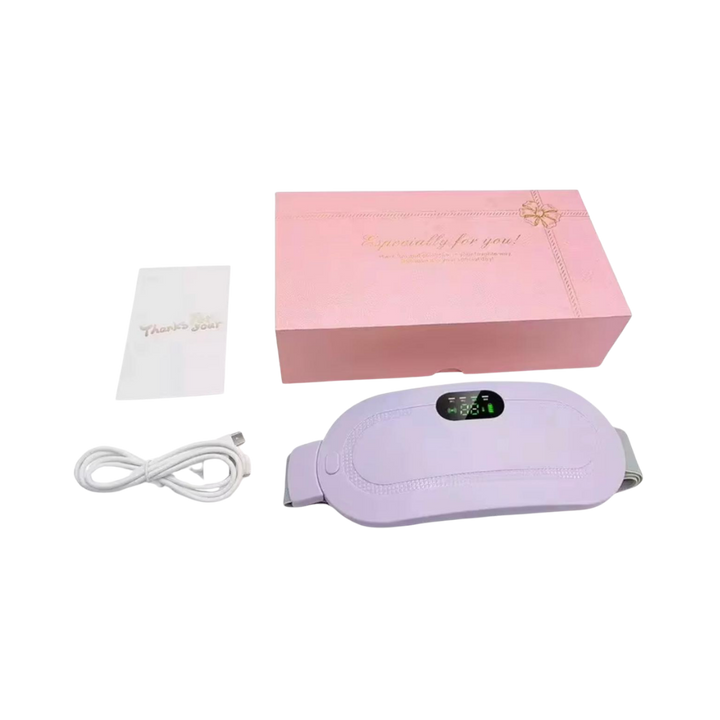 Purple rechargeable electric heating waist belt with digital display, USB cable, pink gift box packaging and card