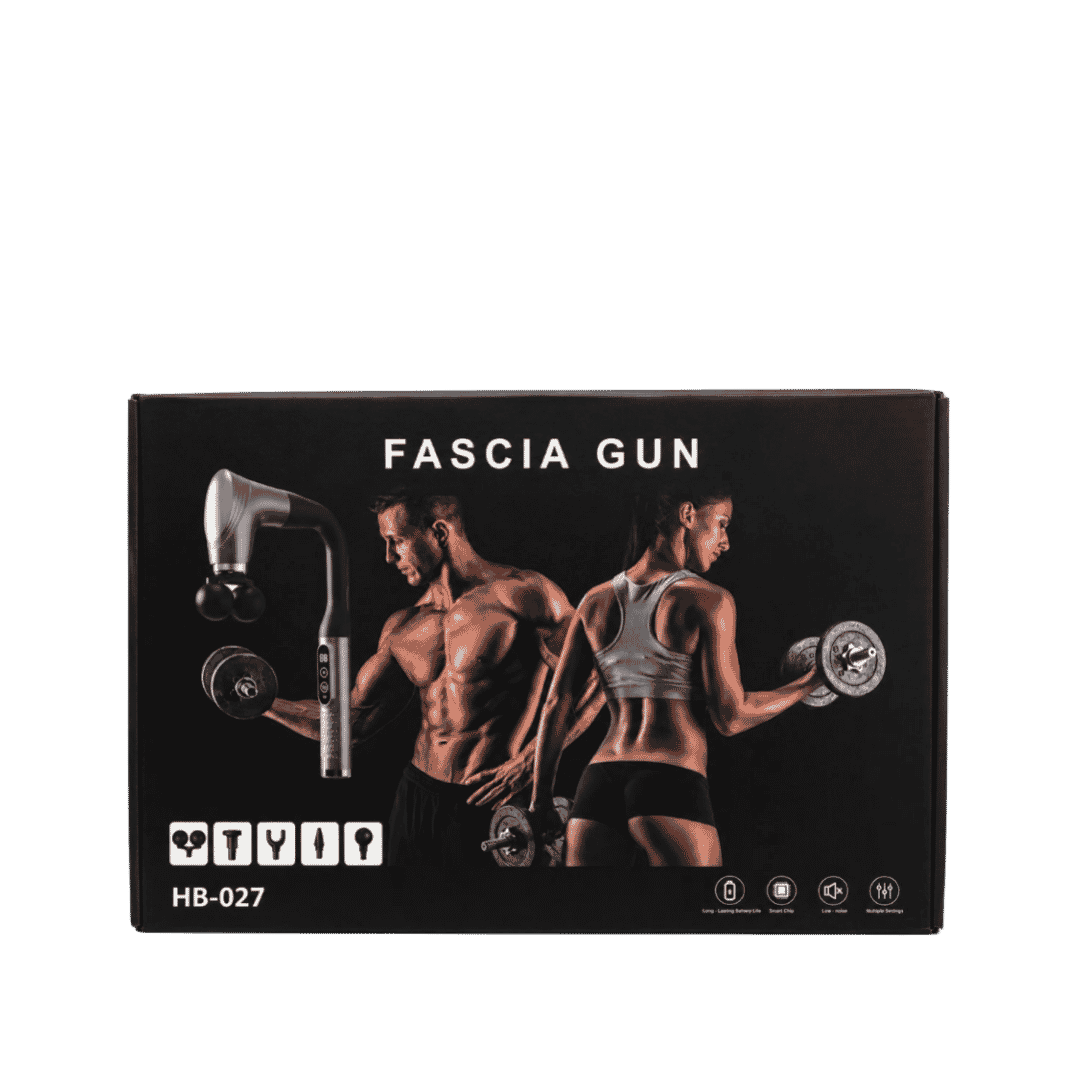 WONDER WOMAN DEVICES Fascia Gun HB-027 massage device box with five attachment icons.