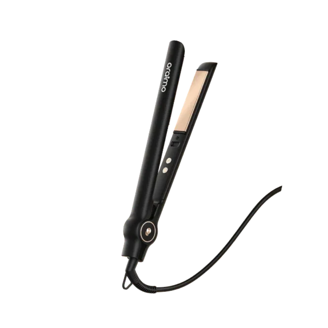 Oraimo smart hair straightener and curling iron, black body, rose-gold plates, buttons, attached power cord