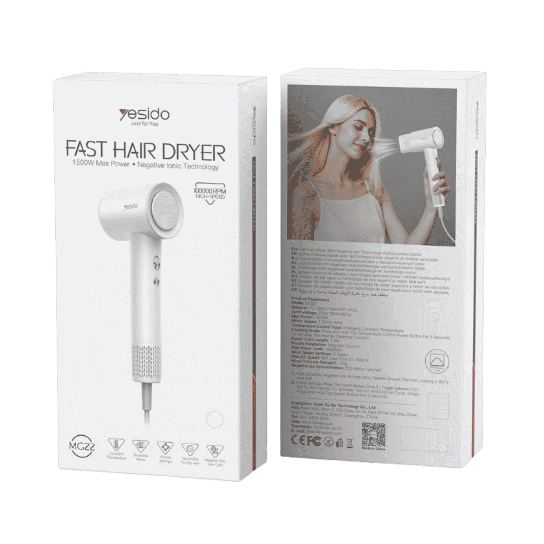 YESIDO Fast Hair Dryer 1500W white box with negative ionic technology and dryer image.