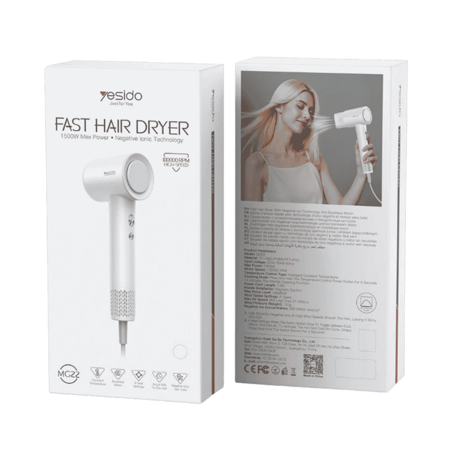 YESIDO Fast Hair Dryer 1500W white box with negative ionic technology and dryer image.