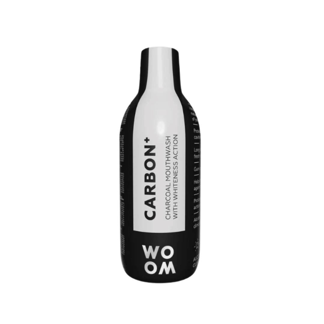 WOOM Carbon+ charcoal mouthwash bottle, black and white oral rinse for teeth whitening