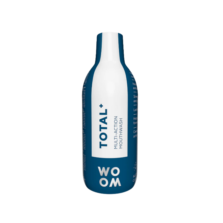 WOOM Total+ multi action mouthwash bottle, blue and white packaging, oral care liquid product.