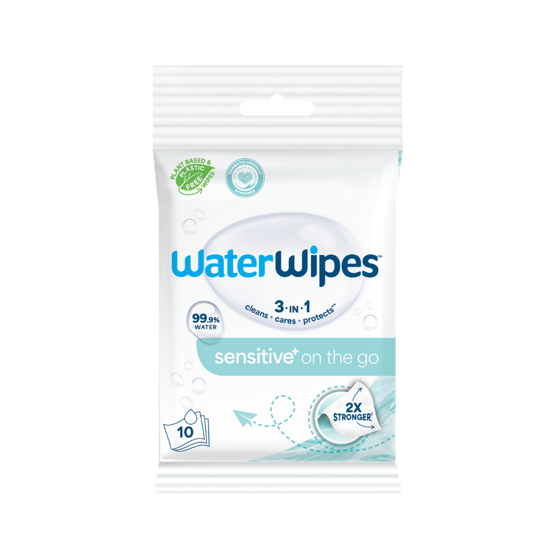WaterWipes Sensitive+ On The Go baby wipes pack with 10 water-based wipes.