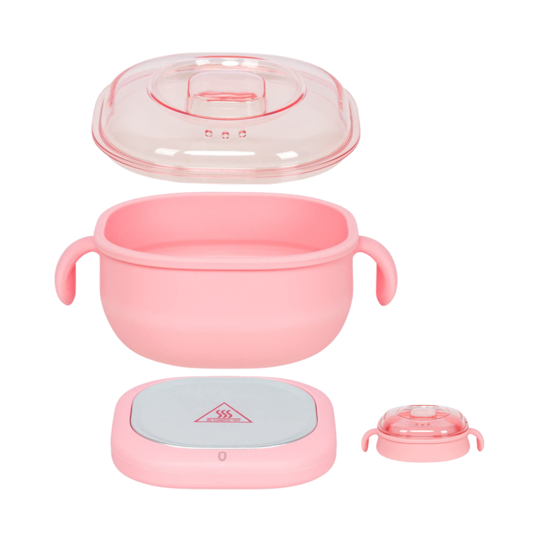 Pink wax heater set with silicone bowl, transparent lid, electric heating base, detachable components displayed separately