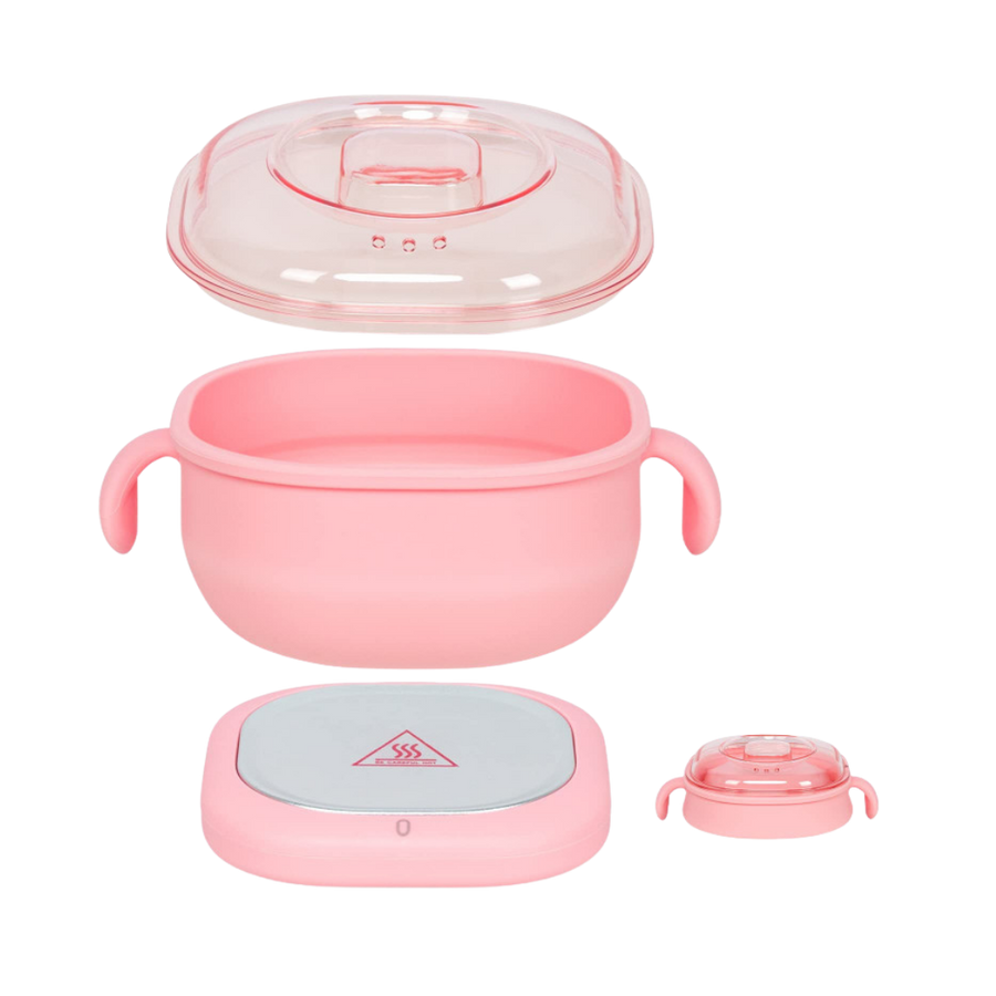 Pink wax heater set with silicone bowl, transparent lid, electric heating base, detachable components displayed separately