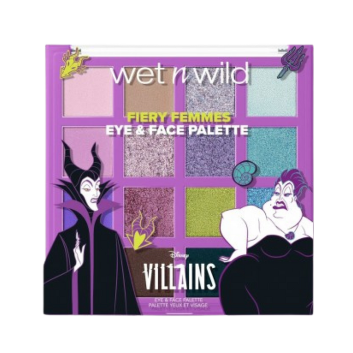 Wet n Wild Disney Villains Fiery Femmes 17g eye face palette with sixteen shades purple packaging