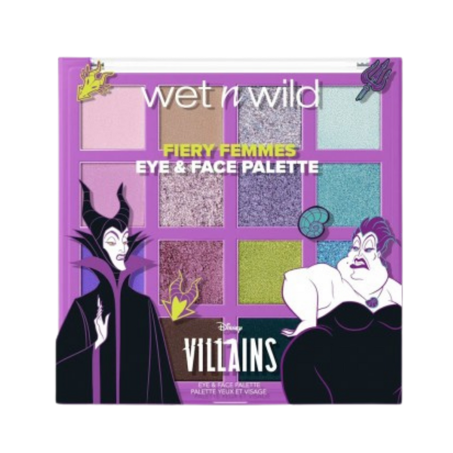 Wet n Wild Disney Villains Fiery Femmes 17g eye face palette with sixteen shades purple packaging