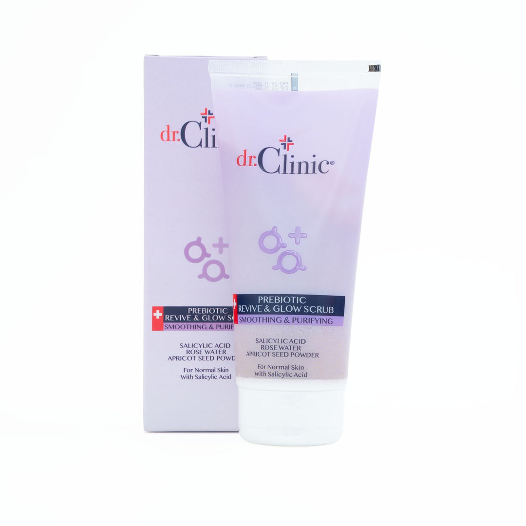 dr.Clinic Prebiotic Revive & Glow Scrub Salicylic Acid Apricot Seed Powder Rose Water - 170ml | مقشر دكتور كلينك بريبايوتيك لإحياء وإشراقة البشرة بحمض الساليسيليك وبذور المشمش وماء الورد – 170 مل
