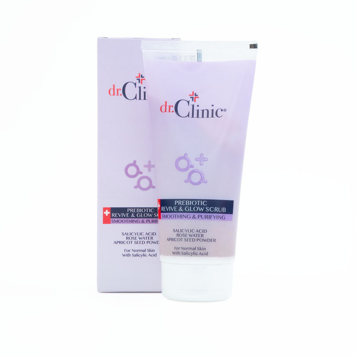 dr.Clinic Prebiotic Revive & Glow Scrub Salicylic Acid Apricot Seed Powder Rose Water - 170ml | مقشر دكتور كلينك بريبايوتيك لإحياء وإشراقة البشرة بحمض الساليسيليك وبذور المشمش وماء الورد – 170 مل