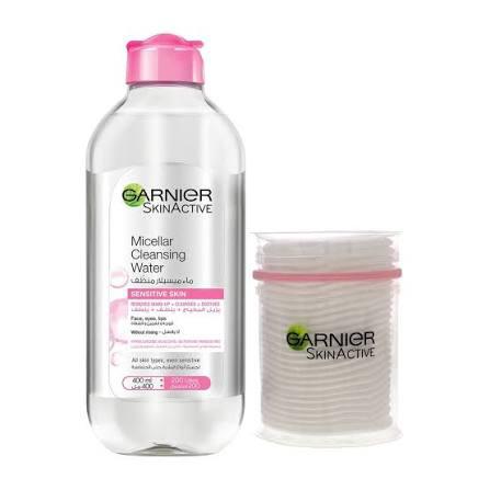 Garnier Skin Active Micellar Water Salicylic Acid Free Cotton _ Pads - 400ml| غارنييه ماء ميسيلار للبشرة الحساسة مع دوائر قطن مجانية – 400 مل