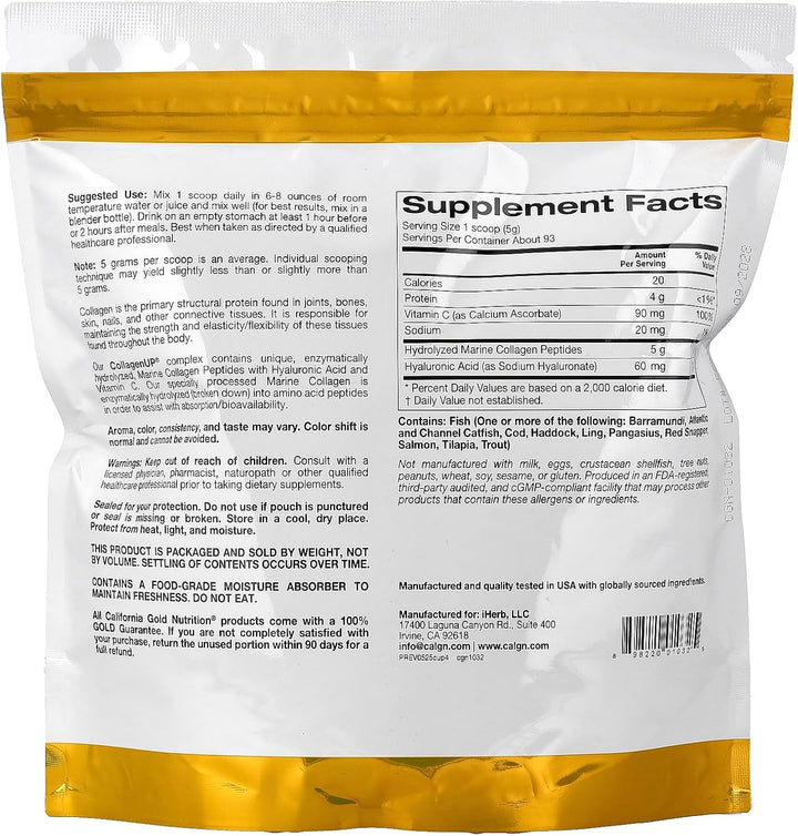 California Gold Nutrition CollagenUP Hydrolyzed Marine Collagen Peptides with Hyaluronic Acid and Vitamin - 464g | كاليفورنيا غولد نيوتريشن مسحوق ببتيدات الكولاجين البحري - 464 غرام