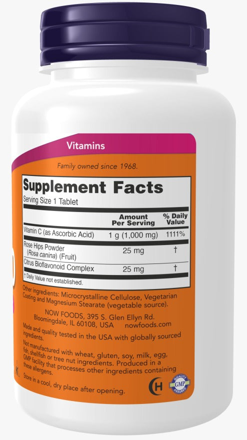 now Vitamin C-1000 With Rose Hips & Bioflavonoids - 100 tablets | ناو مكمل غذائي فيتامين سي وخلاصة وردة المسك والبيوفلافونويد - 100 مضغوطة