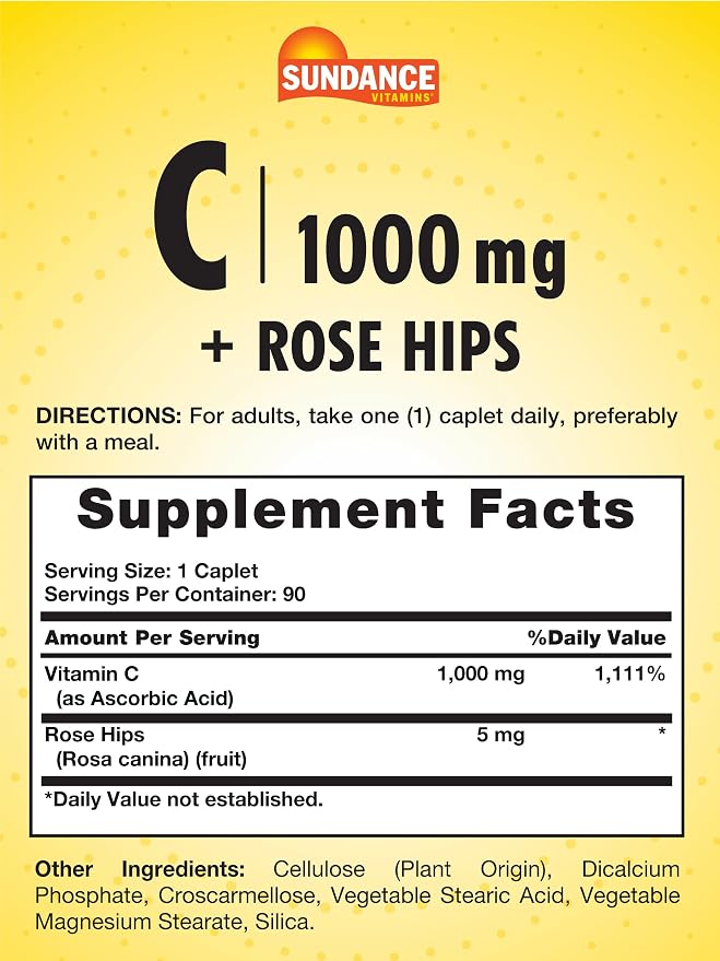 Sundance Vitamin C 1000mg with Rose Hips - 90 Caplets | ساندانس فيتامين سي تركيز 1000 ملغ مع ثمار الورد - 90 قرص مغلف