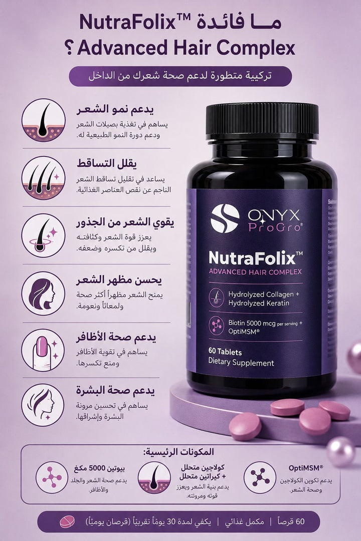 ONYX Nutra Folix Advanced Hair Complex - 60 Tablets | أونيكس نوترا فوليكس مكمل غذائي لدعم صحة الشعر - 60 قرص