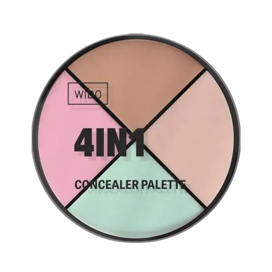 Wibo 4in1 concealer palette round compact with four corrector shades: pink, green, beige, tan
