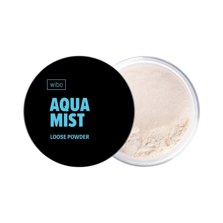 Wibo Aqua Mist Loose Powder, transparent powder in a 10g plastic jar with black lid.